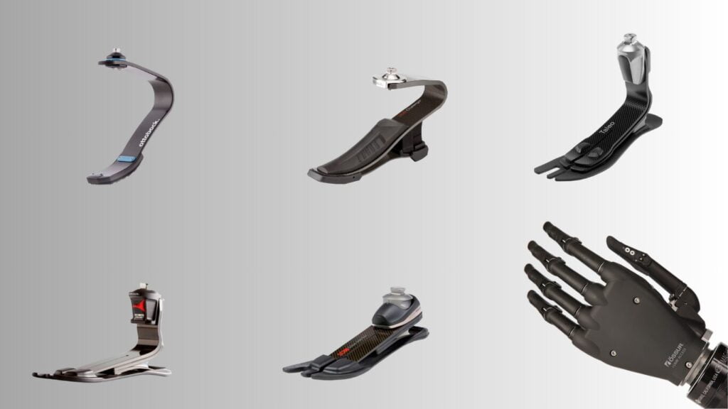 Diferentes tipos de pies pró}protésicos de fibra de carbono y una mano electrónica
